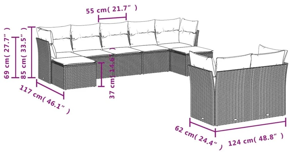 9 pcs conj. sofás jardim com almofadões vime PE cinzento-claro