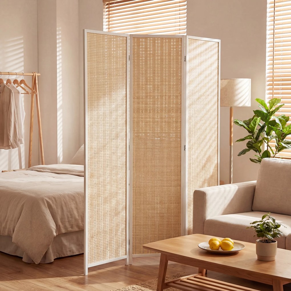 Biombo de madeira para separar divisões 135 x 180 cm, divisória dobrável de 3 painéis, branco e bege