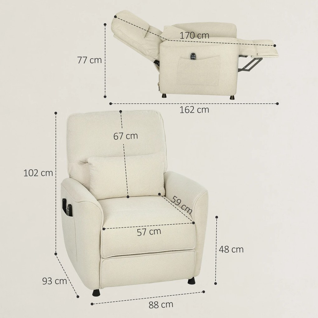 Poltrona Relax com Aquecimento Lombar e Massagem por Vibração Poltrona Reclinável com Função de Memória 88x93x102 cm Creme
