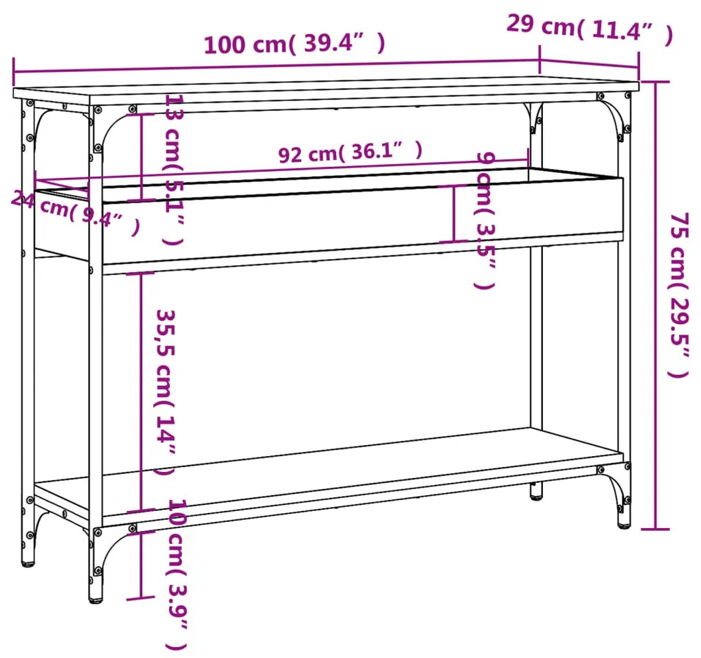 Mesa consola c/ prateleira 100x29x75 cm derivados madeira preto