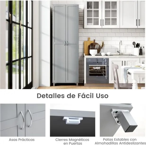 Armário alto de arrumação 61 x 39 x 187 cm com porta dupla, prateleiras ajustáveis e design anti-tombamento para cozinha, sala de estar e quarto – cin
