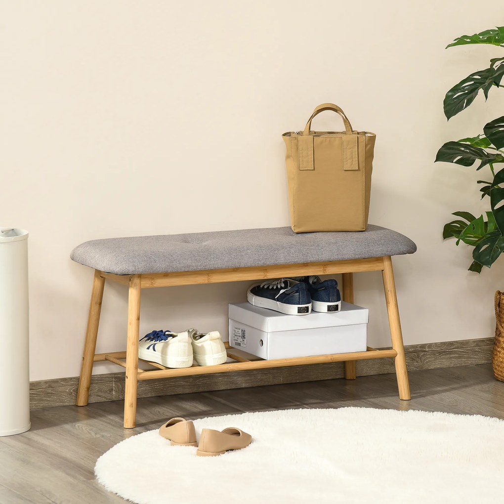 HOMCOM Banco Sapateiro Moderno Móvel de Entrada de Bambú com Assento Acolchoado e Prateleira para Sapatos Entrada Corredor 90x34x44cm Cor Natural e Cinza