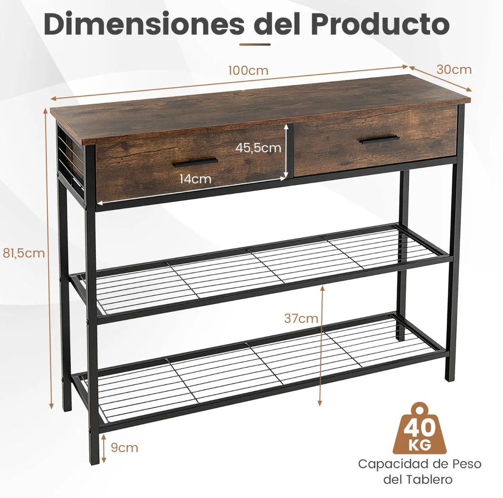 Mesa Consola Mesa de Entrada com 2 Gavetas 2 Estantes Estrutura Metálica para Hall de Entrada Sala de Estar Escada Castanho