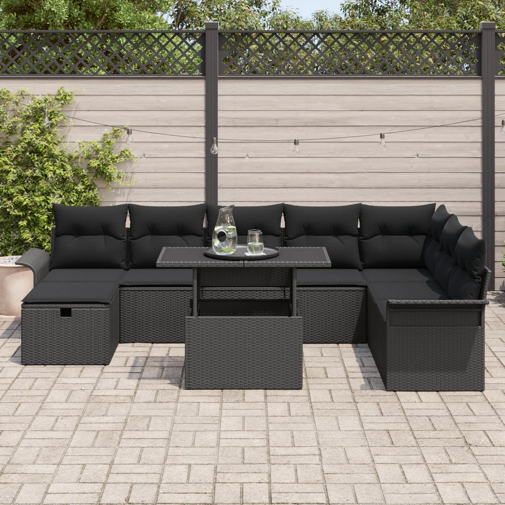 Conjunto de Sofá de Jardim de 9 Peças com Almofadas Preto Vime PE
