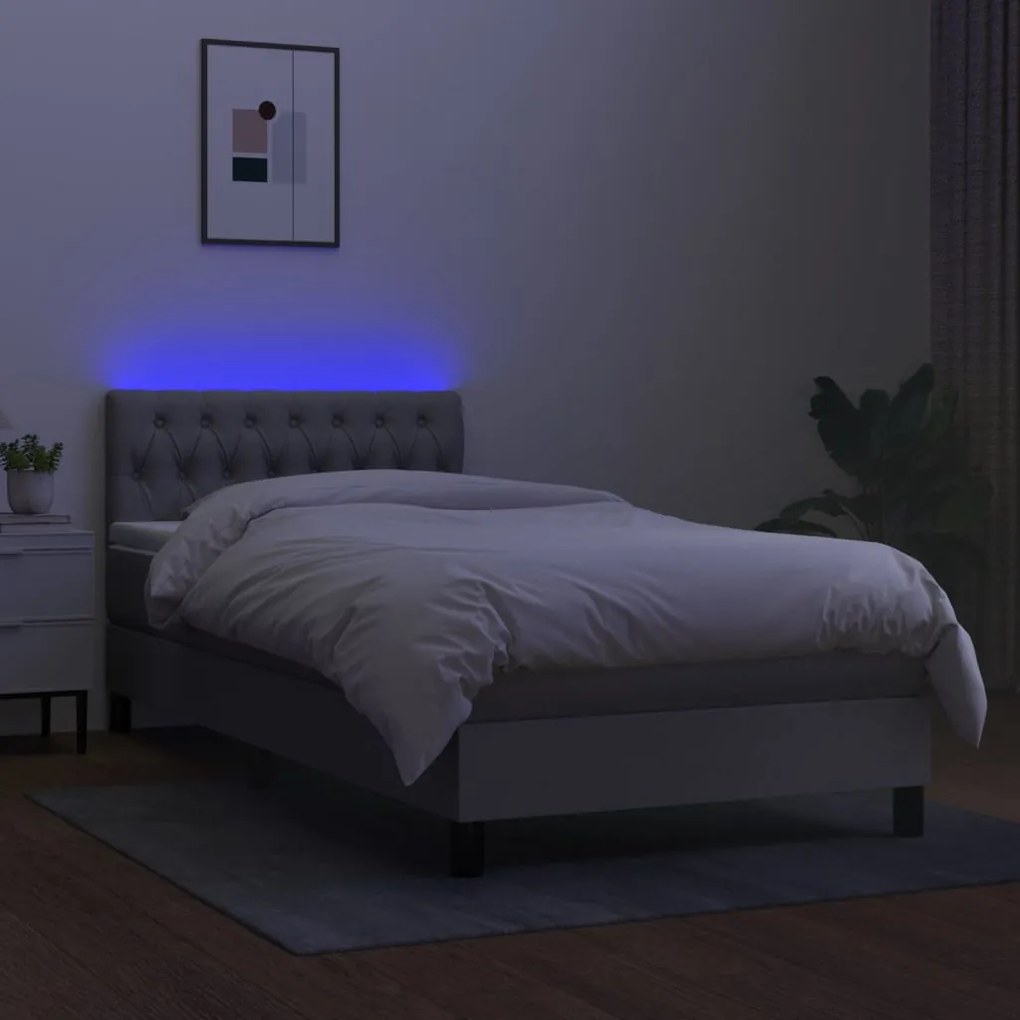 Cama box spring c/ colchão e LED 100x200 cm tecido cinza-claro