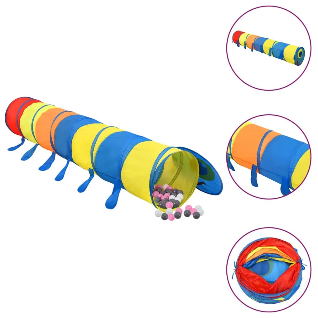 3107762 vidaXL Túnel de brincar infantil + 250 bolas 245 cm poliéster multicor