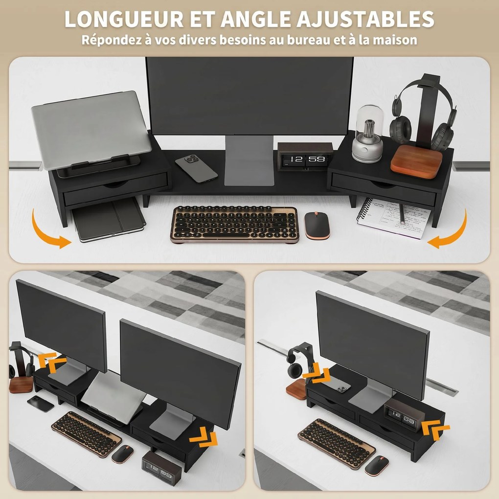 Suporte elevador para ecrã de computador de secretária, suporte para ecrã de computador de 60 a 116 cm com 2 gavetas, comprimento e ângulo ajustáveis,