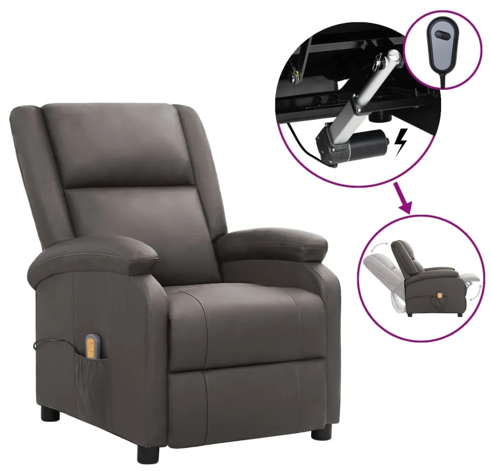 vidaXL Poltrona de massagens elétrica couro genuíno cinzento
