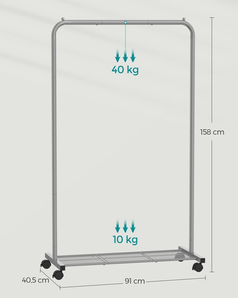 Guarda roupa, cabide para roupa com Rodas e prateleira 40,5 x 91 x 158 cm Cinzento