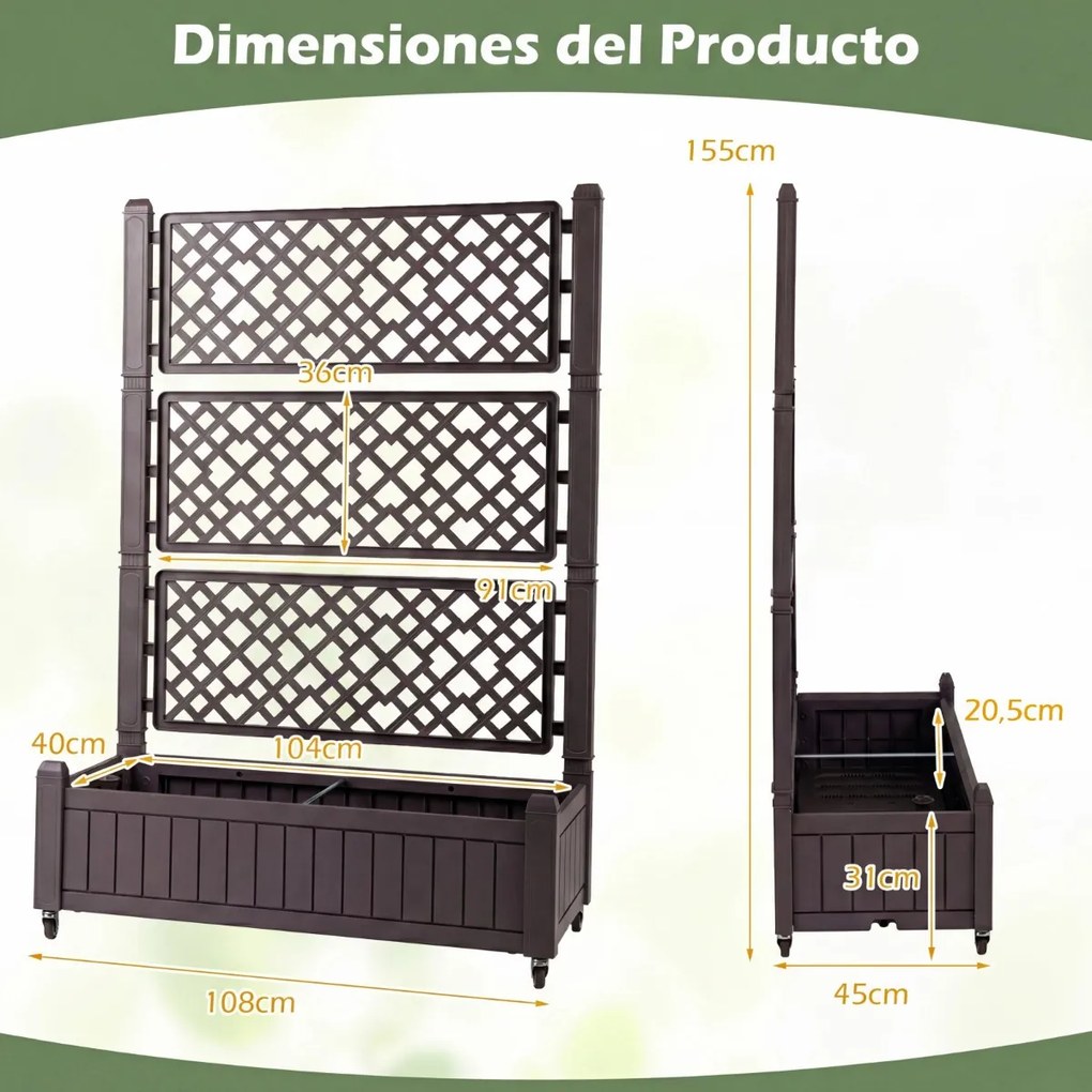 Floreira de jardim elevada com treliça 80 x 40 x 140 cm, vasos móveis, drenagem, rodas bloqueáveis para vegetais e plantas, interior e exterior Castan