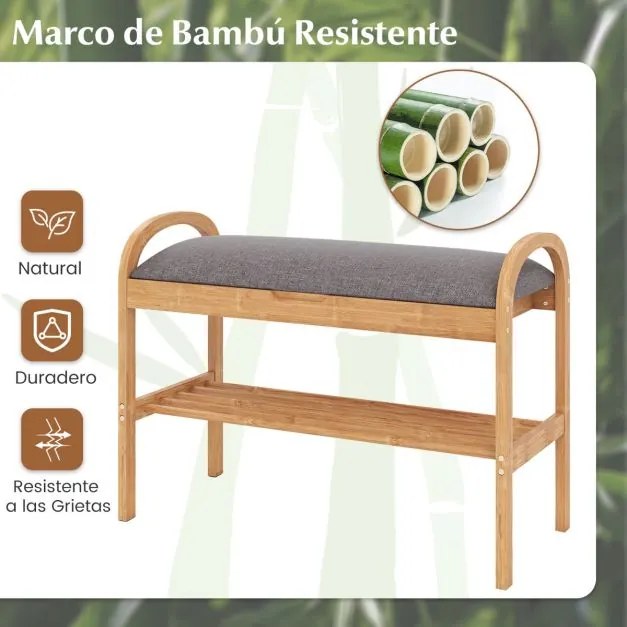 Banco para sapatos em bambu 70 x 31 x 51 cm com 2 níveis, almofada acolchoada e prateleira de arrumação para a entrada, corredor, sala de estar e quar