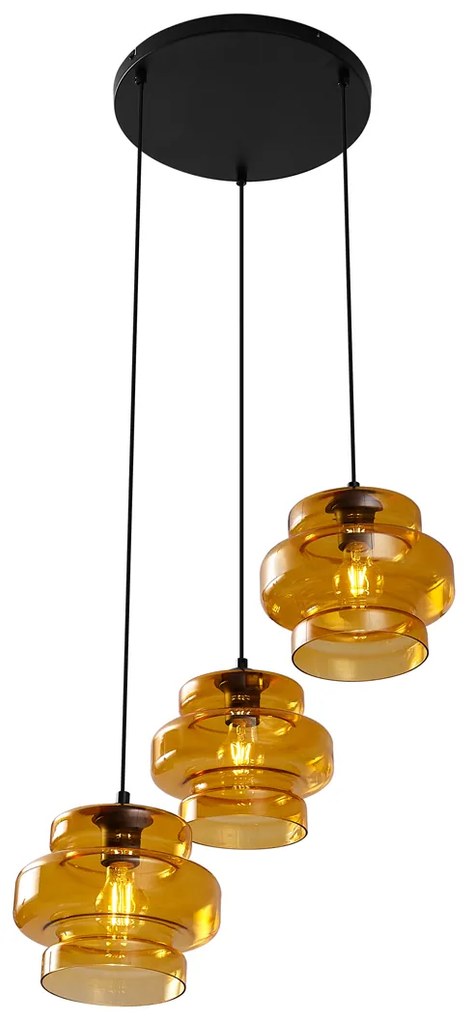 Candeeiro suspenso retro preto com vidro laranja 3 luzes - Denise Retro