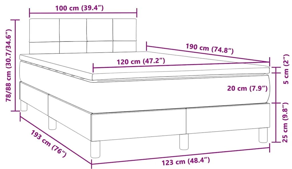 Cama box spring c/ colchão e LED 120x190 cm couro artif. preto