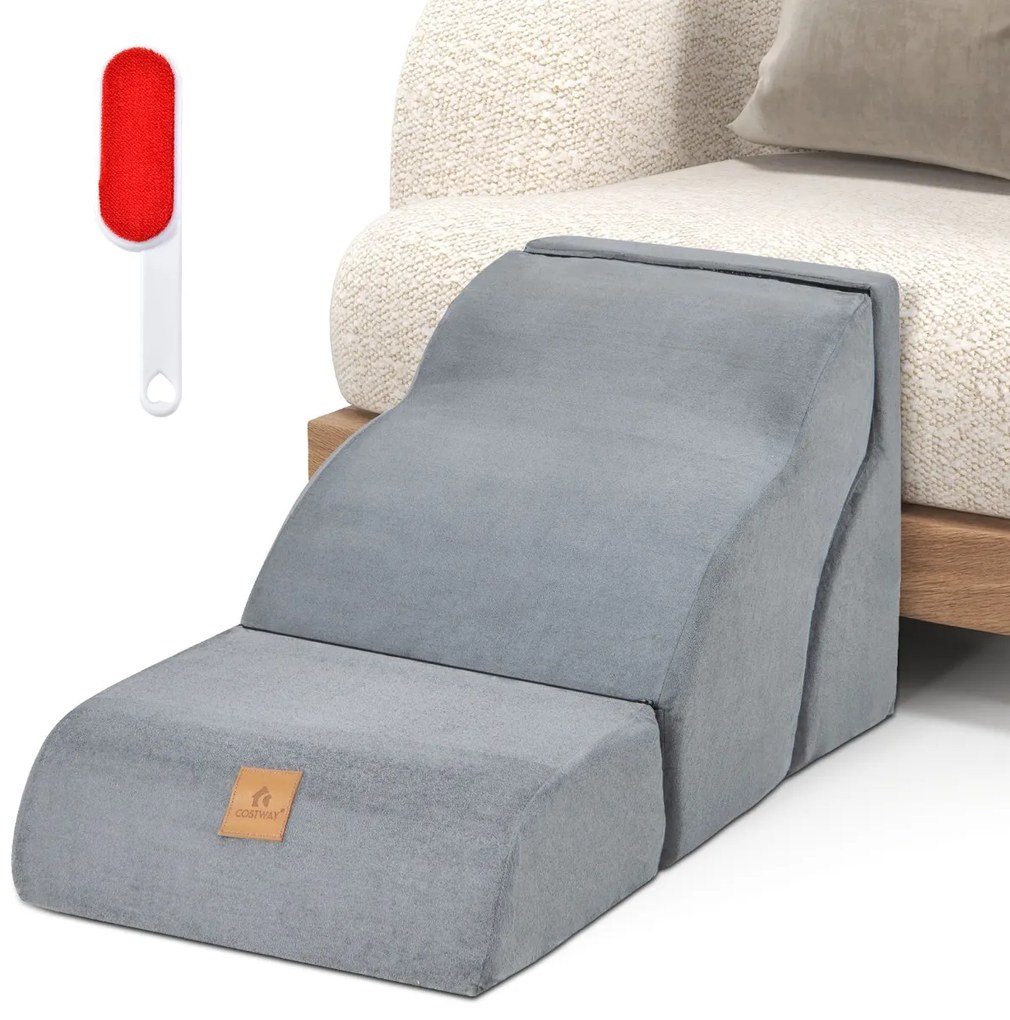Rampa para cães de espuma de 3 níveis com fundo antiderrapante para camas altas extra largas 2 em 1 escadas para animais de estimação cinza