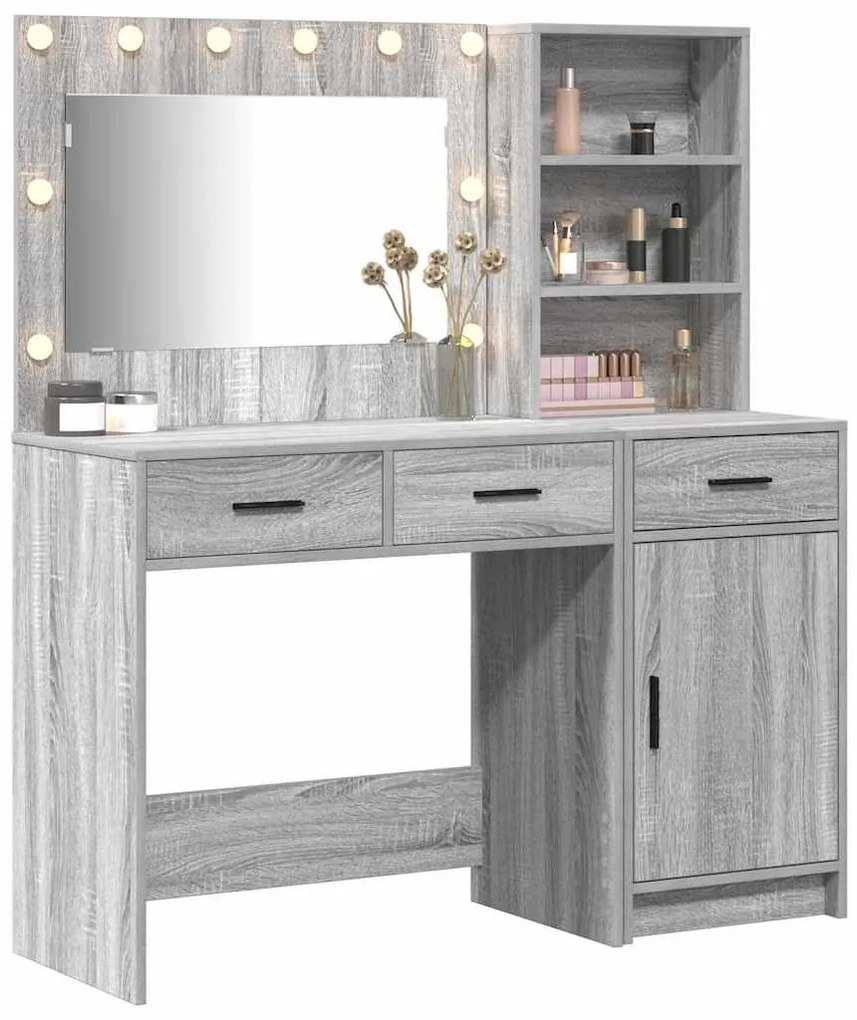 Conjunto de Mesa de Maquilhagem 2 Peças com LED Cinzento em Madeira de