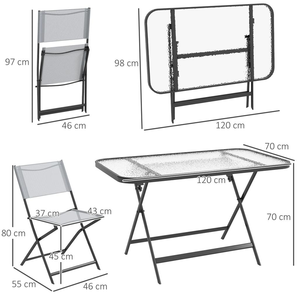 Conjunto de Refeição Mesa e 4 Cadeiras Dobráveis com Mesa de Vidro Temperado Estilo Moderno para Varanda Pátio Cinza