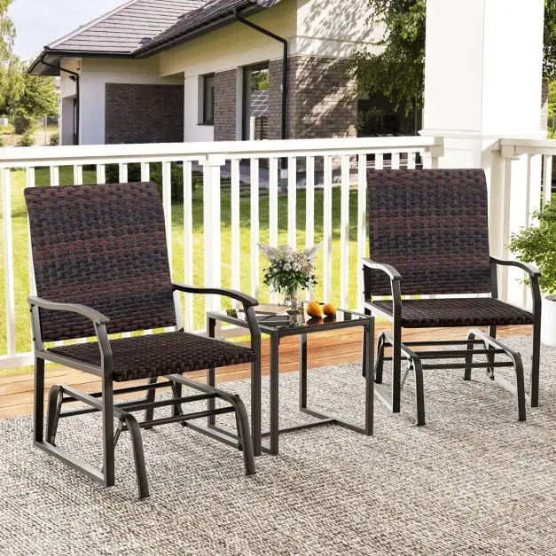 Conjunto de móveis baloiço jardim de vime de 3 peças com mesa de café de vidro temperado assento de vime assento de vime estrutura metálica móveis de