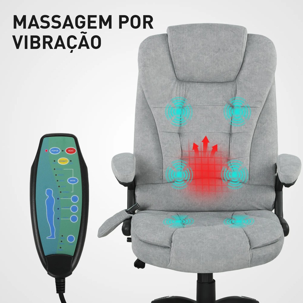Cadeira de Escritório com 6 Pontos de Massagem Reclinável até 130° com Função de Aquecimento 65x71x110-120 cm Cinza