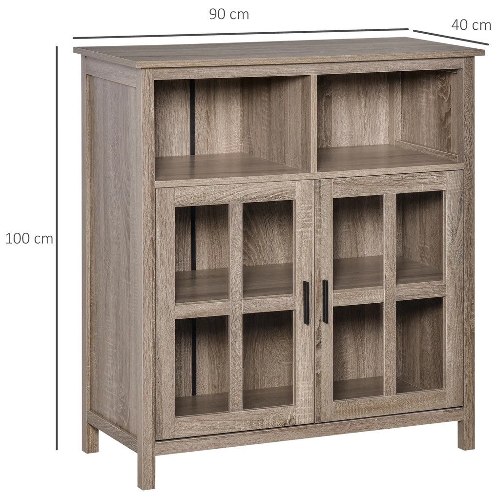 HOMCOM Aparador de Cozinha Armário Buffet com 2 Portas de Vidro e 2 Compartimentos Abertos Móvel Auxiliar de Armazenamento para Sala de Jantar Sala de Estar 90x40x100cm Carvalho