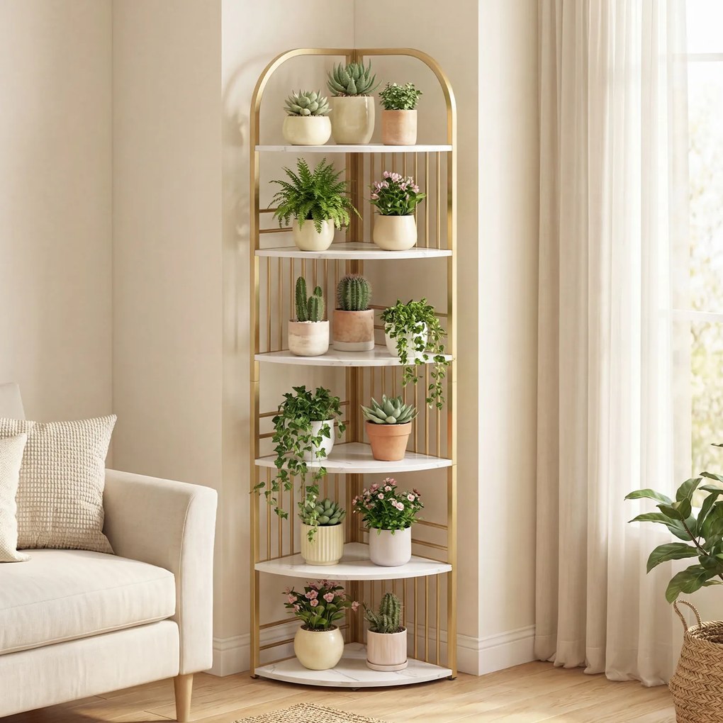 Estante de canto com 6 prateleiras, 42 x 42 x 181,5 cm, Estrutura metálica para plantas, exposição vertical para sala, quarto ou escritório, Branco e