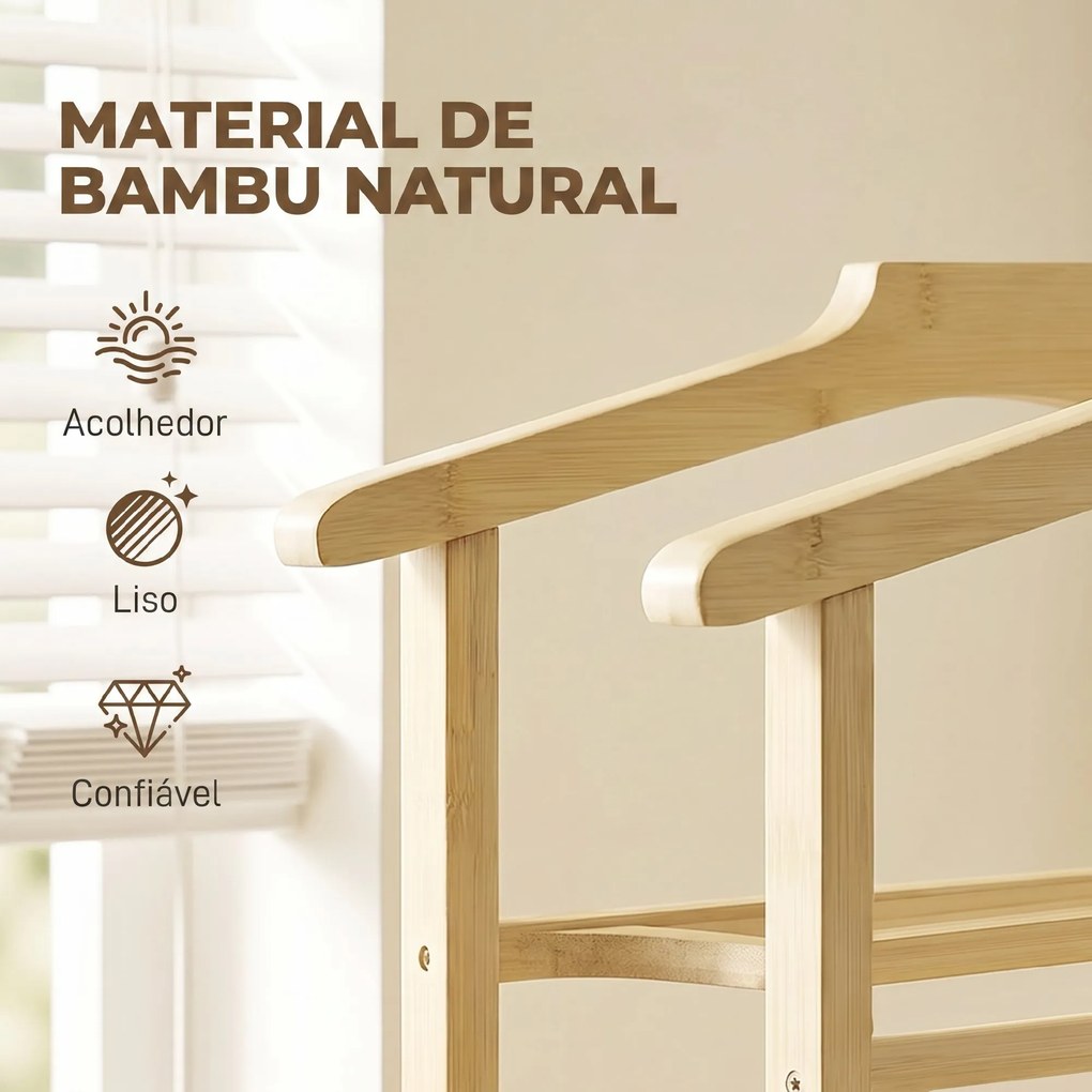 Cabide roupa de Noite em Bambu com Rodas, Cabides para Roupa, Suporte para Calças, Bandeja e Prateleira, Natural