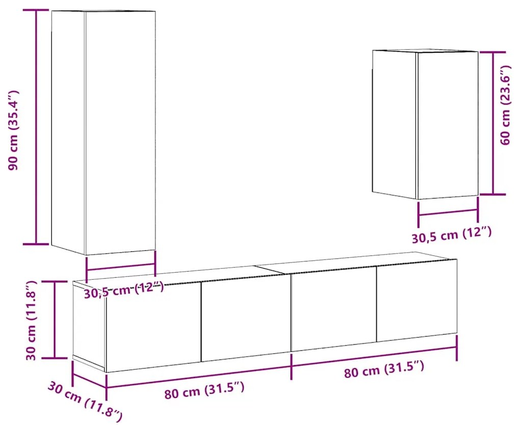 Conjunto de armário TV parede 4 pcs madeira carvalho artisiano