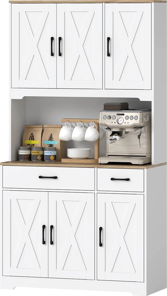 Aparador Alto de Cozinha, 94 x 39,5 x 175,2 cm, 6 Portas e 2 Gavetas, Branco