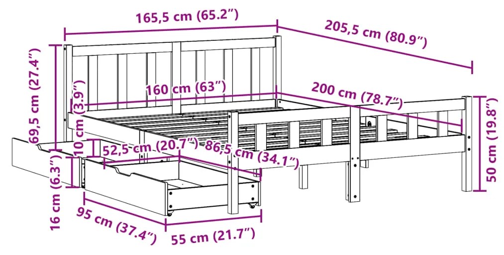 Cama sem colchão 160x200 cm madeira pinho maciço castanho-mel