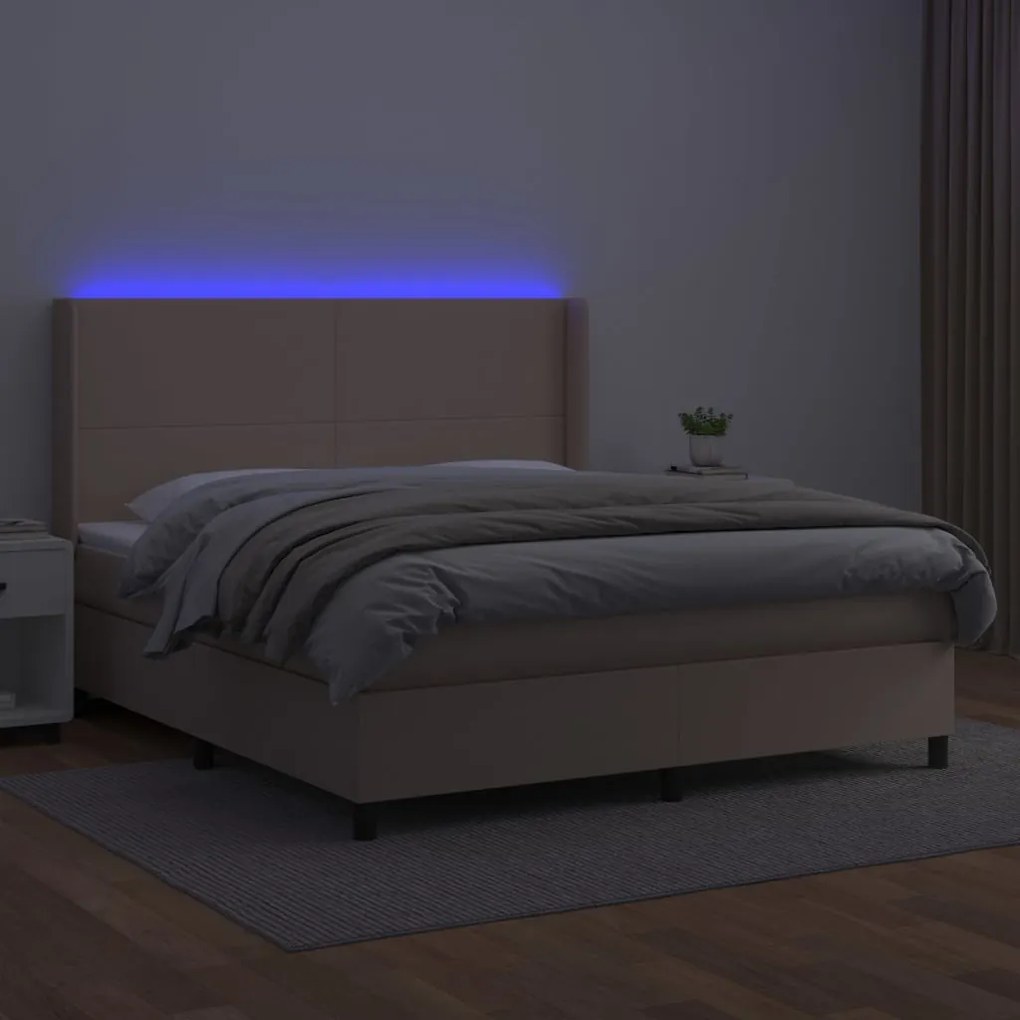 Cama box spring c/colchão/LED 160x200cm couro artif. cappuccino