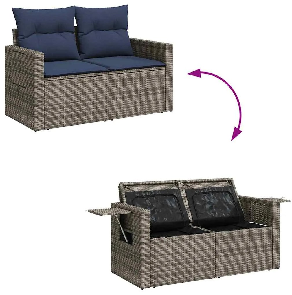 9 pcs conjunto sofás p/ jardim com almofadões vime PE cinzento