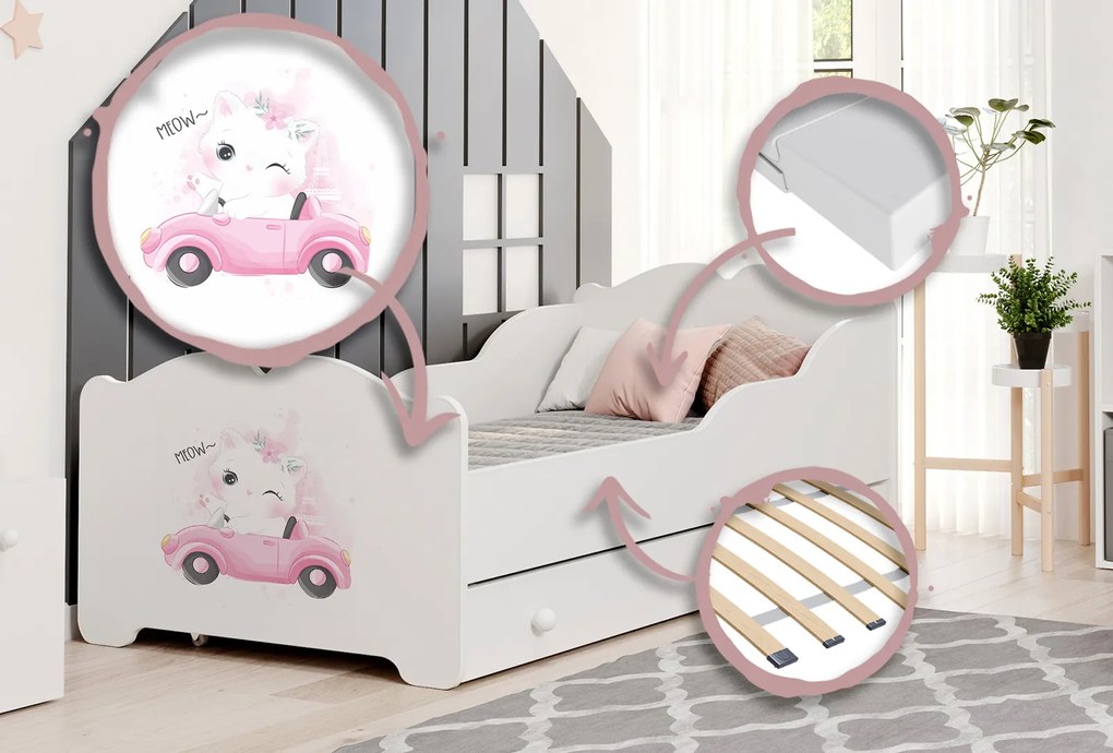 Cama infantil ANNA branca com gaveta 160x80 - gato rosa - colchão e estrado incluído