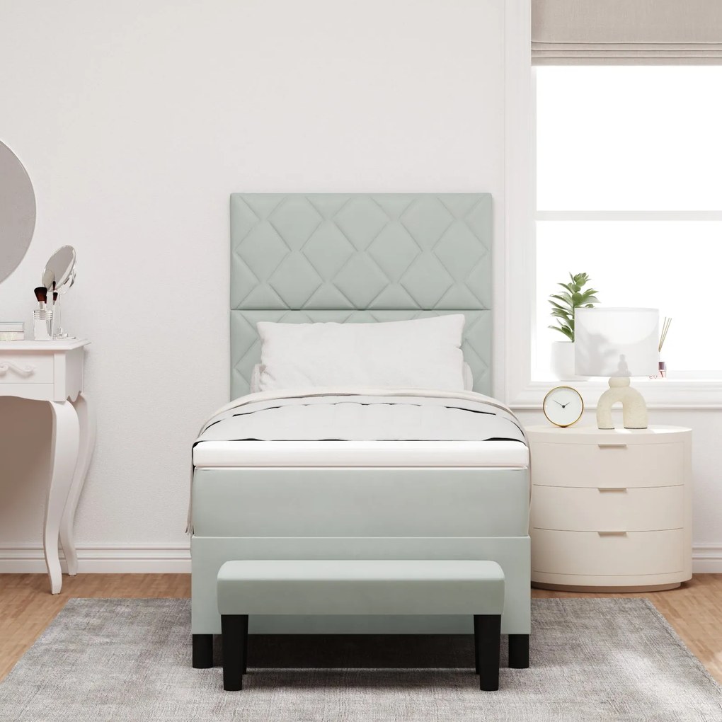 Cama Box Spring com Colchão e Banco Cinza Claro 90x200 cm Veludo