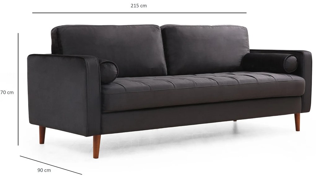Sofá de 3 Lugares Rome – Preto Carvalho – 215x90x70 cm