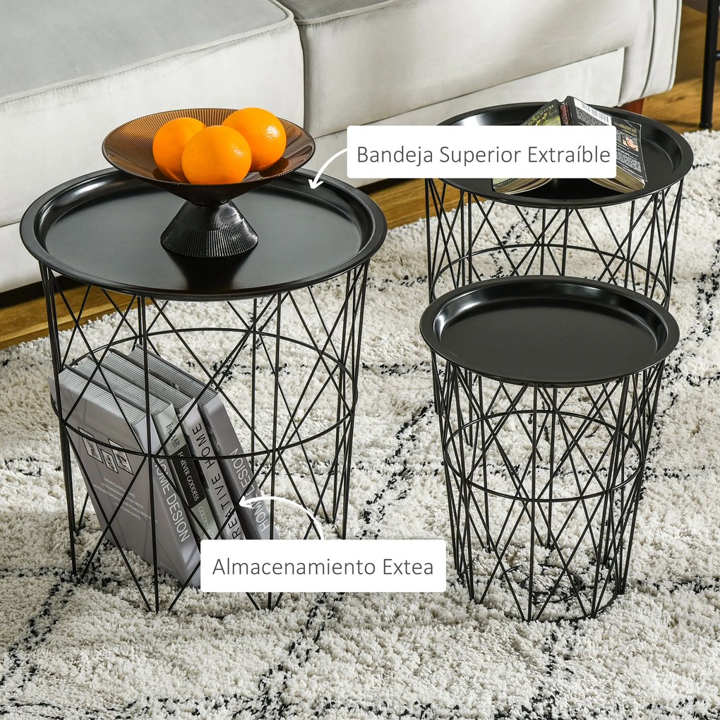 HOMCOM Conjunto de 3 mesas laterais empilháveis Cestos de metal com bandeja removível e espaço de armazenamento Estilo moderno para sala de estar Diâmetro Ø43 Ø35 e Ø30 preto