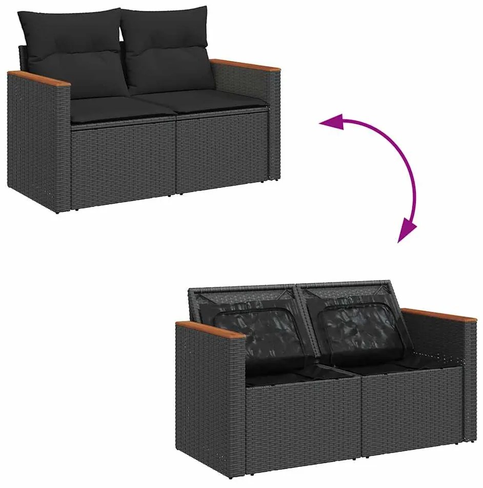 8 pcs conjunto sofás jardim com almofadões vime PE/acácia preto