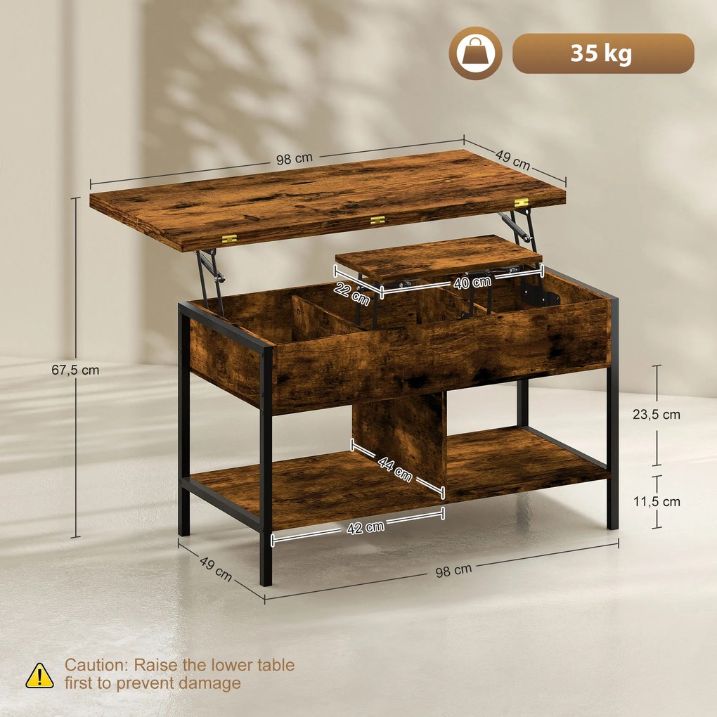 Mesa de centro elevável e extensível, com compartimento oculto e prateleiras abertas, 98 x 49 x 55 cm, castanho rústico