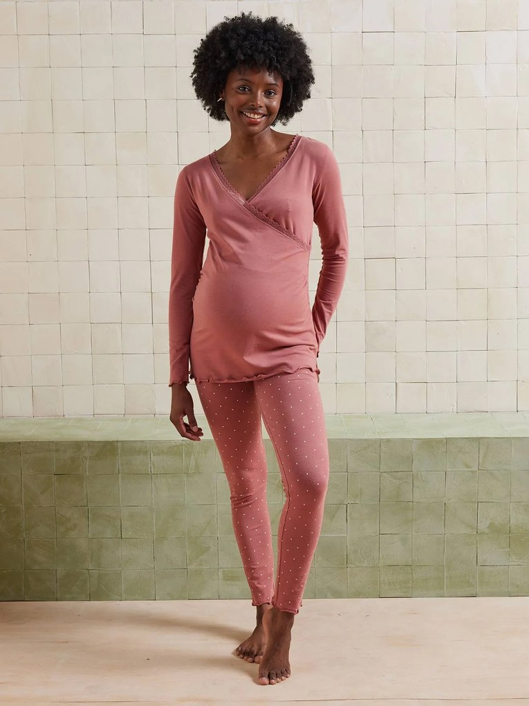Conjunto de 2 peças pijama de gravidez e amamentação em algodão biológico rosa-velho