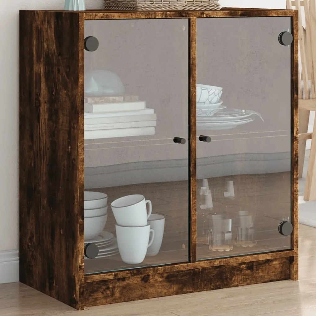 vidaXL Armário de apoio c/ portas vidro 68x37x75,5 cm carvalho fumado