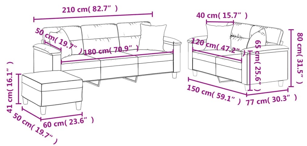 3 pcs conjunto sofás c/ almofadas microfibra cinza-escuro