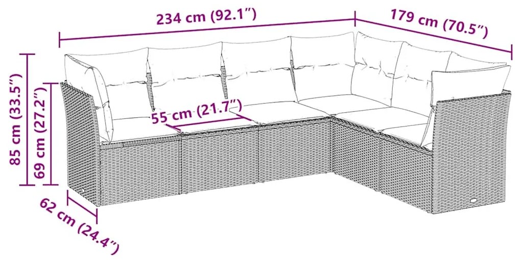6 pcs conjunto sofás de jardim c/ almofadões vime PE preto