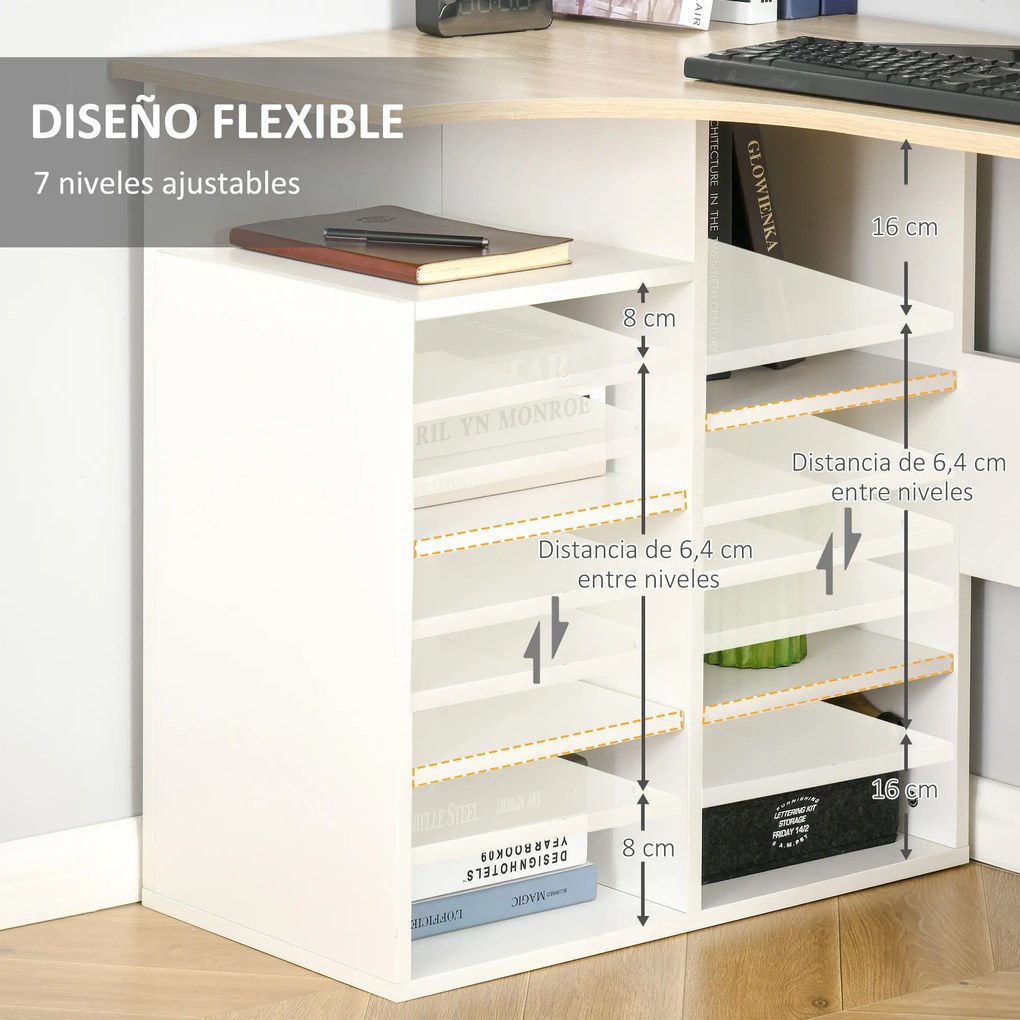 HOMCOM Secretária de Canto Secretária em Forma de L com Prateleiras Ajustáveis para Escritório Casa Estúdio 120x70x75cm Branco e Carvalho