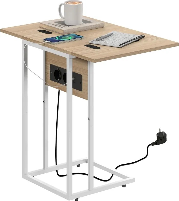 Mesa Auxiliar com Estação de Carga com Tampo Dobrável e Pés Ajustáveis 39x29x57 cm Branco e Madeira