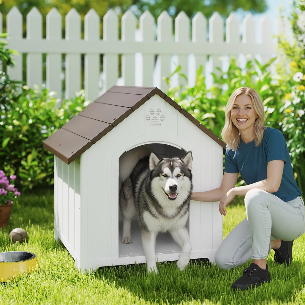 Casota para Cães de Exterior em Plástico com 2 Janelas, Base Elevada, Estacas Castanho Escuro