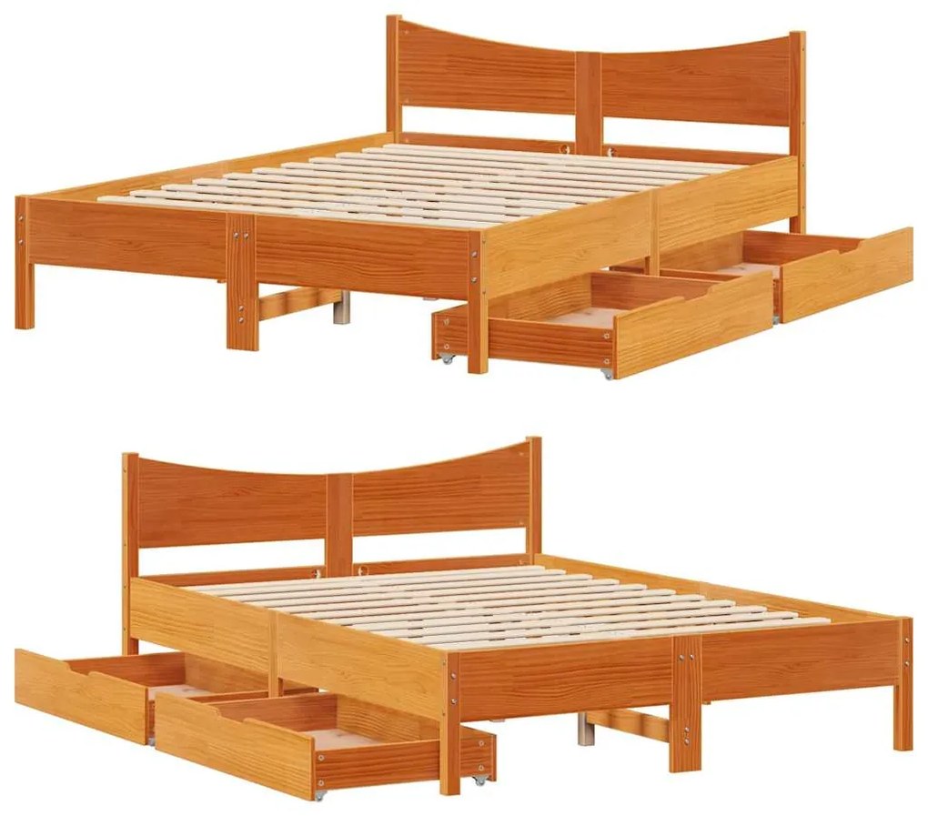 Estrutura cama c/ gavetas 150x200 cm pinho maciço castanho-mel
