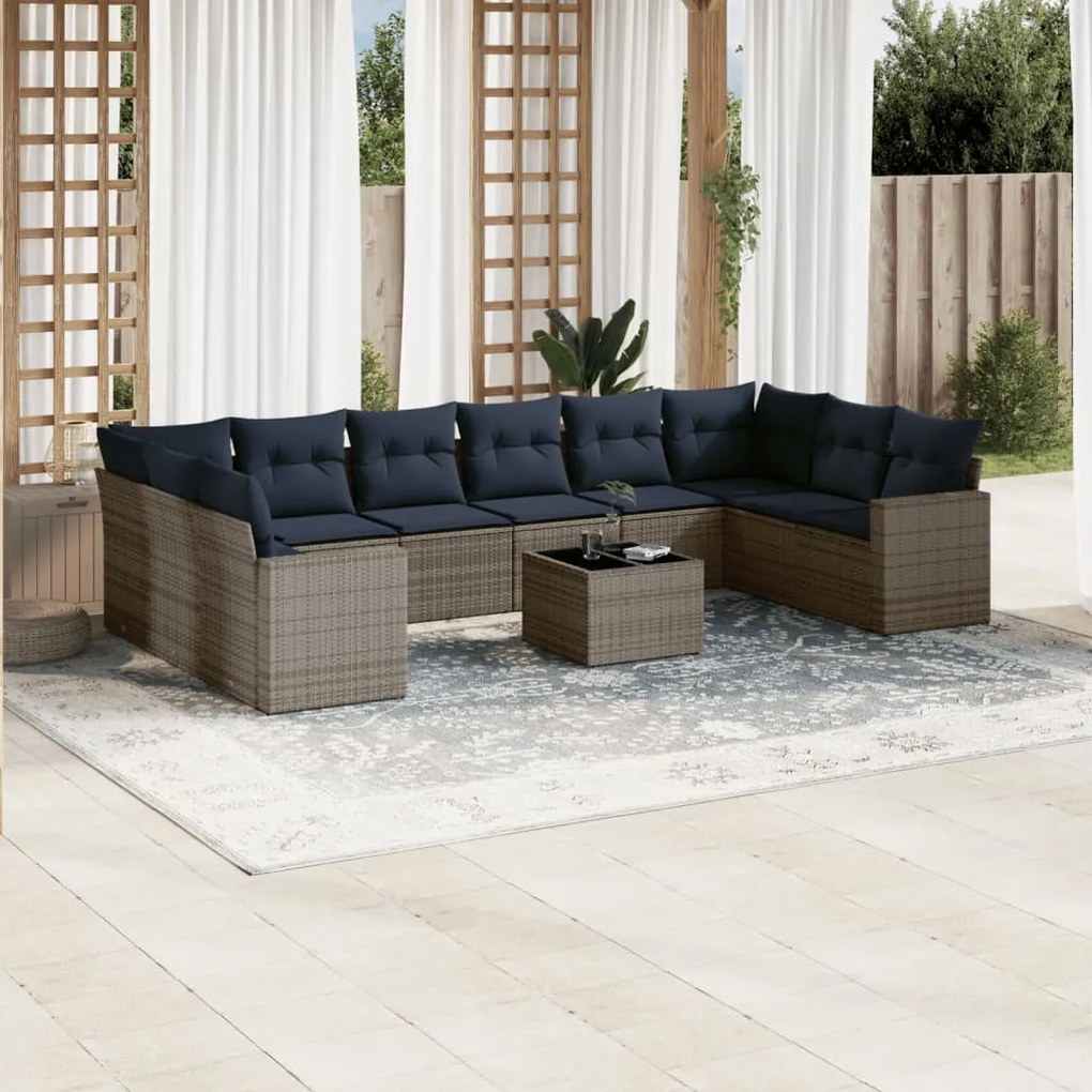 11 pcs conjunto sofás de jardim c/ almofadões vime PE cinzento