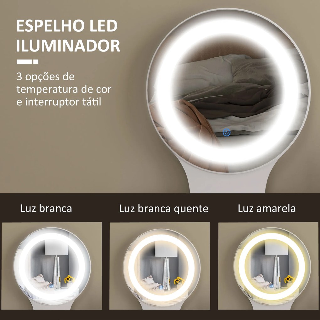 Toucador com Espelho e Luzes LED Ajustáveis 5 Gavetas 4 Compartimentos e 1 Prateleira 100x44x137 cm Branco e Madeira