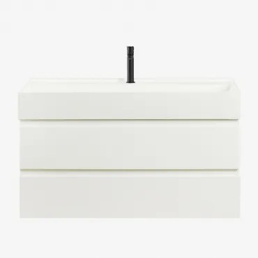 Conjunto De Móvel De Casa De Banho Suspenso Em Madeira E Folha De Freixo Com Lavatório Integrado Ona Branco & Sem Espelho & Preto - Sklum