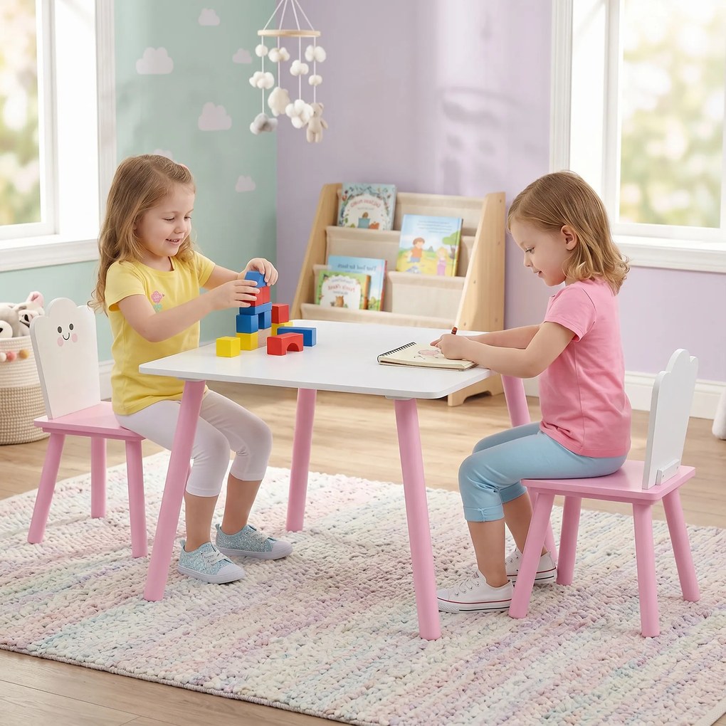 Conjunto Mesa e 2 Cadeiras para Crianças 3-6 Anos em Madeira com Cantos Arredondados, Tema Algodão Doce, Rosa