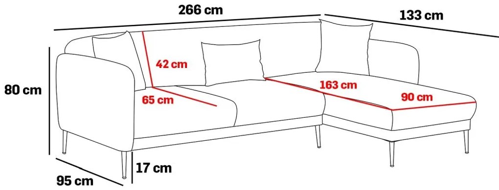 Sofá-Cama de Canto Simena – Cinzento – 266 x 133 cm