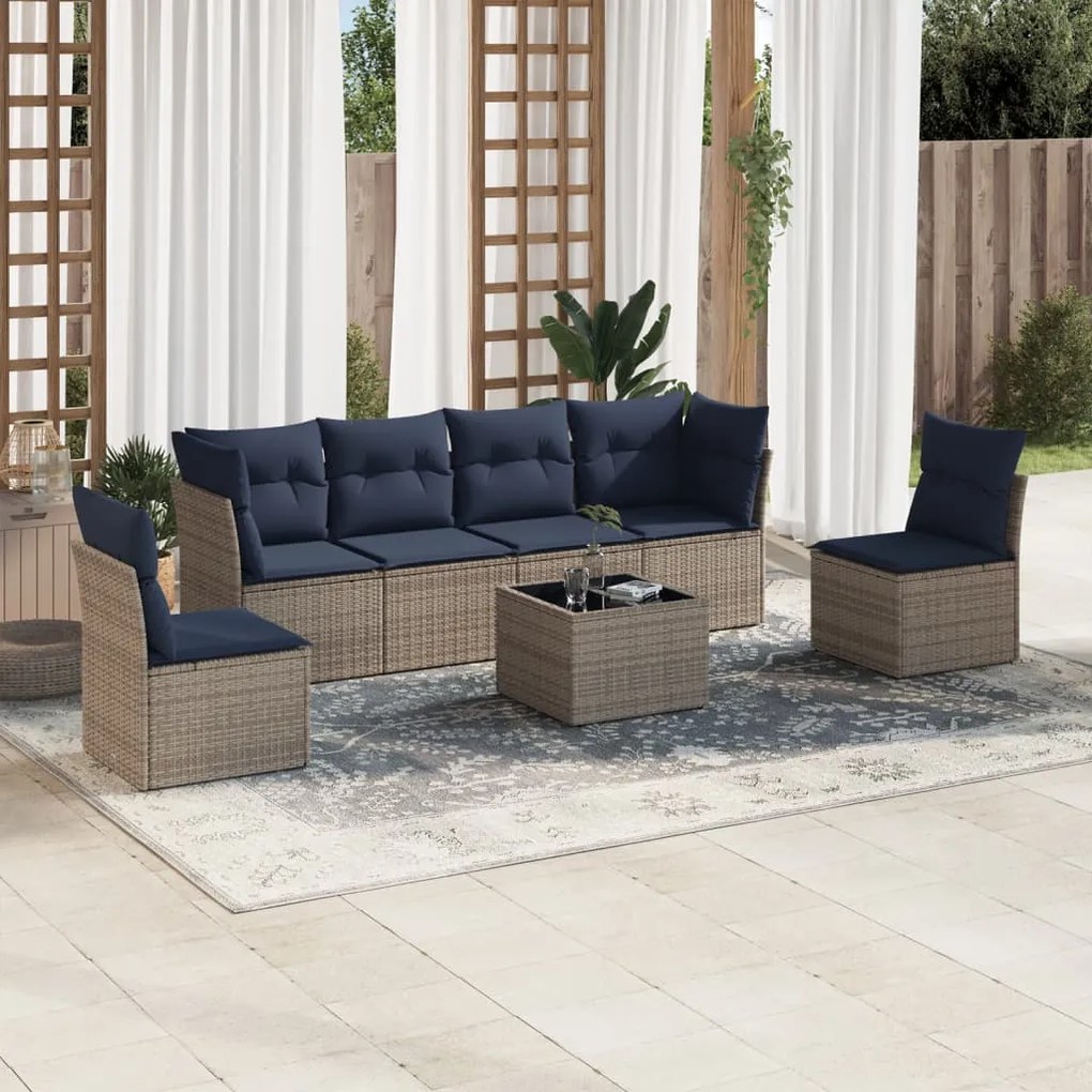 vidaXL 7 pcs conjunto sofás p/ jardim c/ almofadões vime PE cinzento